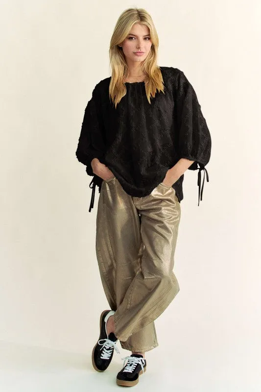 Black Tied Round Neck Mesh Blouse