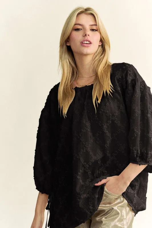 Black Tied Round Neck Mesh Blouse