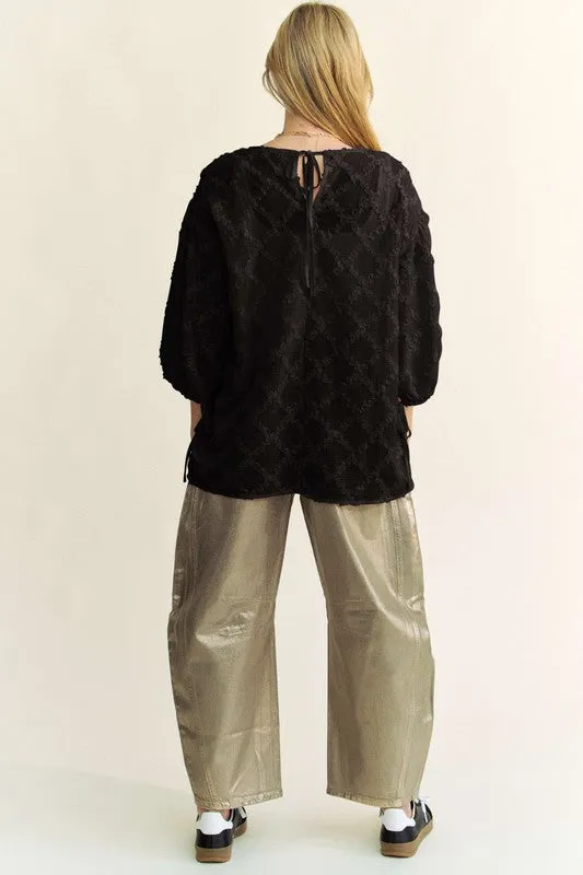 Black Tied Round Neck Mesh Blouse