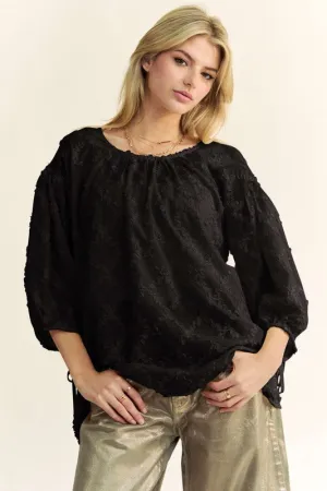 Black Tied Round Neck Mesh Blouse