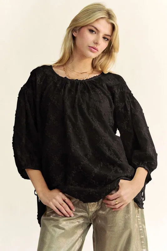 Black Tied Round Neck Mesh Blouse