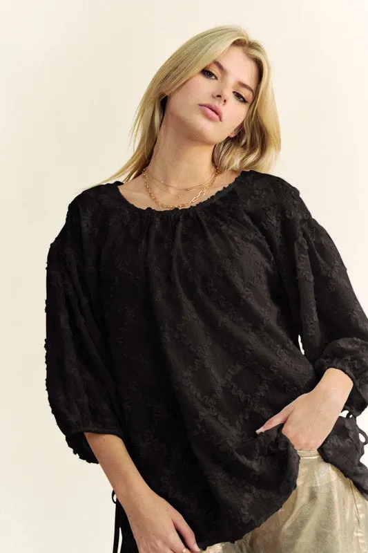 Black Tied Round Neck Mesh Blouse