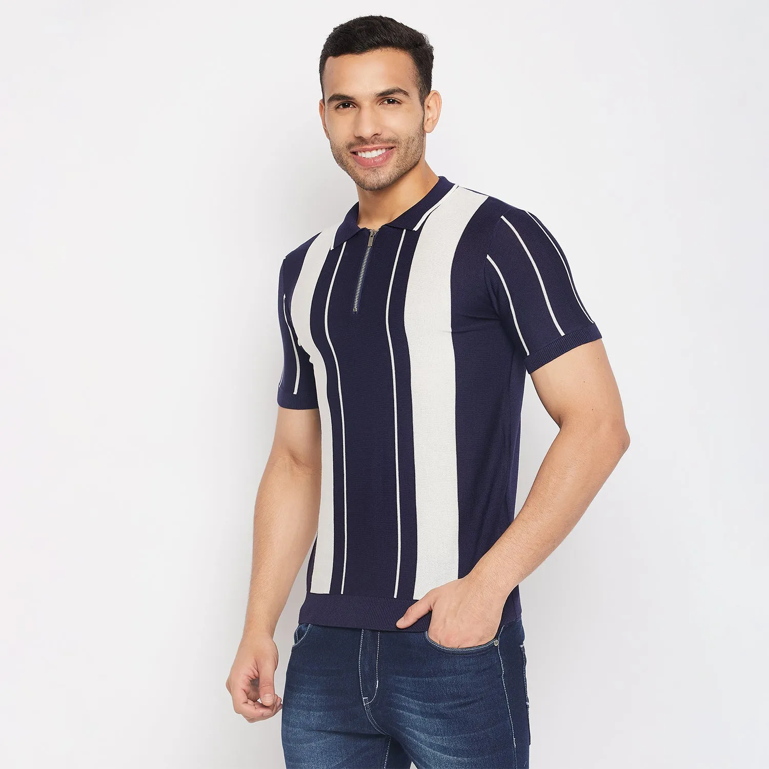 Camla Barcelona Navy Zipped Collar Cotton Tshirt