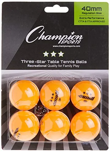 Champion Sports 3 Star Table Tennis Ball Pack, Tournament Size - Orange Ping Pong Balls, Set of 6, with 40mm Seamless Design - Professional Table Tennis Equipment, Accessories - CTTA and ITTA Approve