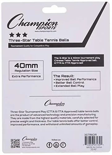 Champion Sports 3 Star Table Tennis Ball Pack, Tournament Size - Orange Ping Pong Balls, Set of 6, with 40mm Seamless Design - Professional Table Tennis Equipment, Accessories - CTTA and ITTA Approve