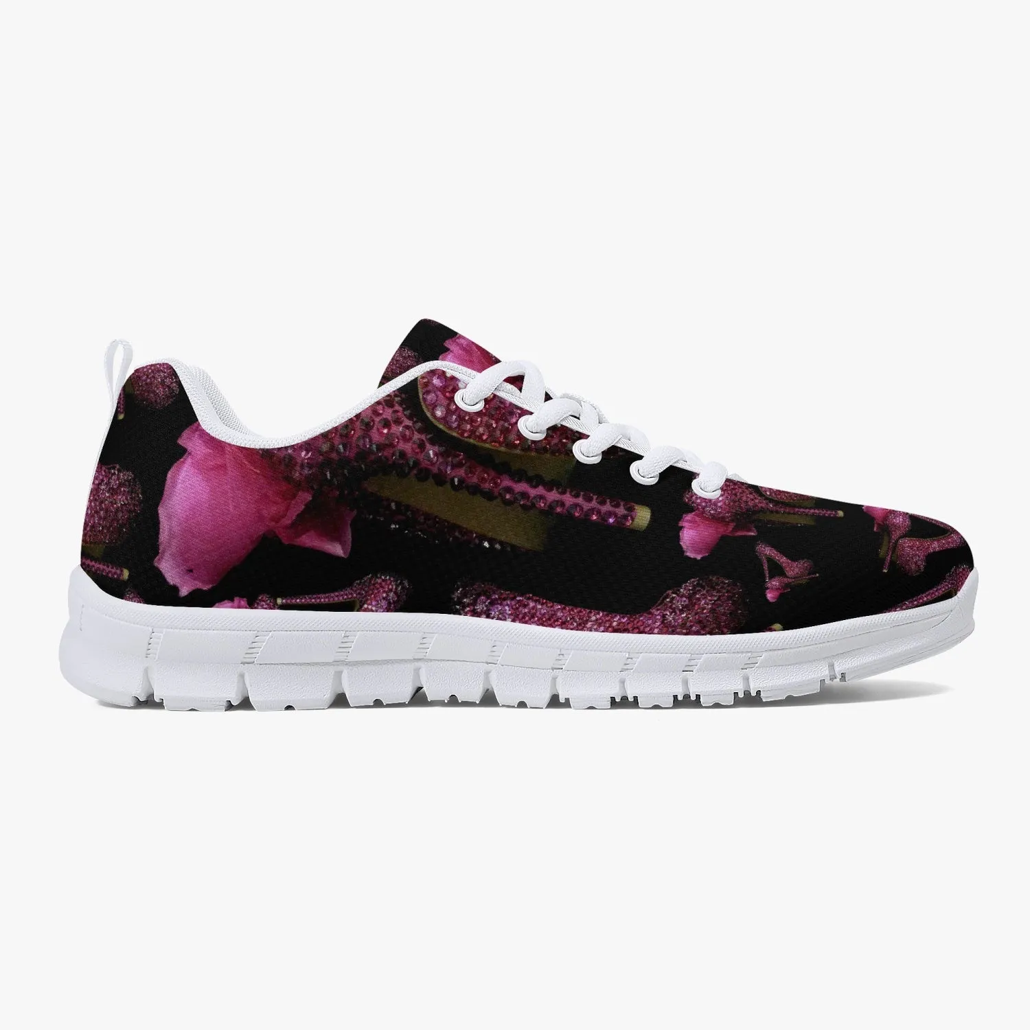 Classic Lightweight Mesh Sneakers - White/Black 'Pink crystals shoes'