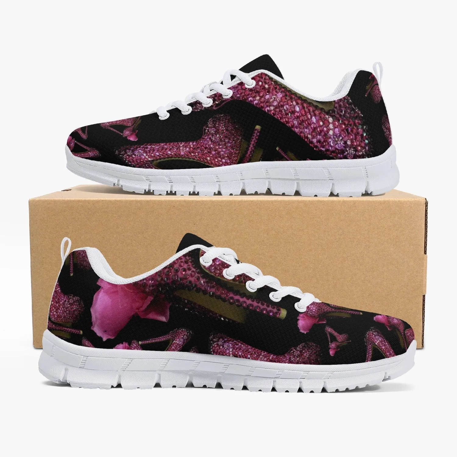 Classic Lightweight Mesh Sneakers - White/Black 'Pink crystals shoes'