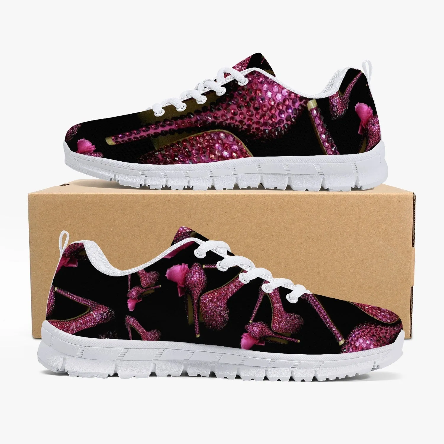 Classic Lightweight Mesh Sneakers - White/Black 'Pink crystals shoes'
