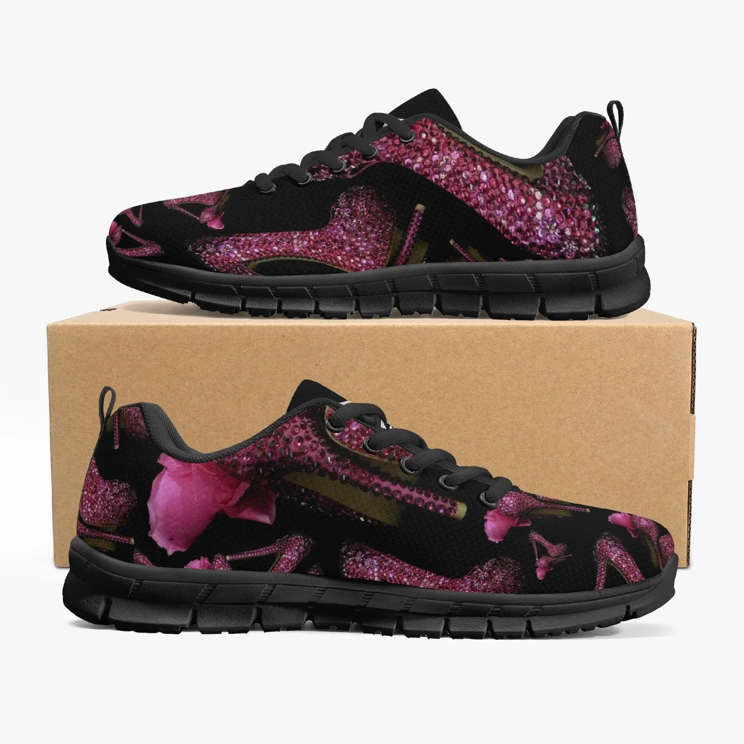 Classic Lightweight Mesh Sneakers - White/Black 'Pink crystals shoes'