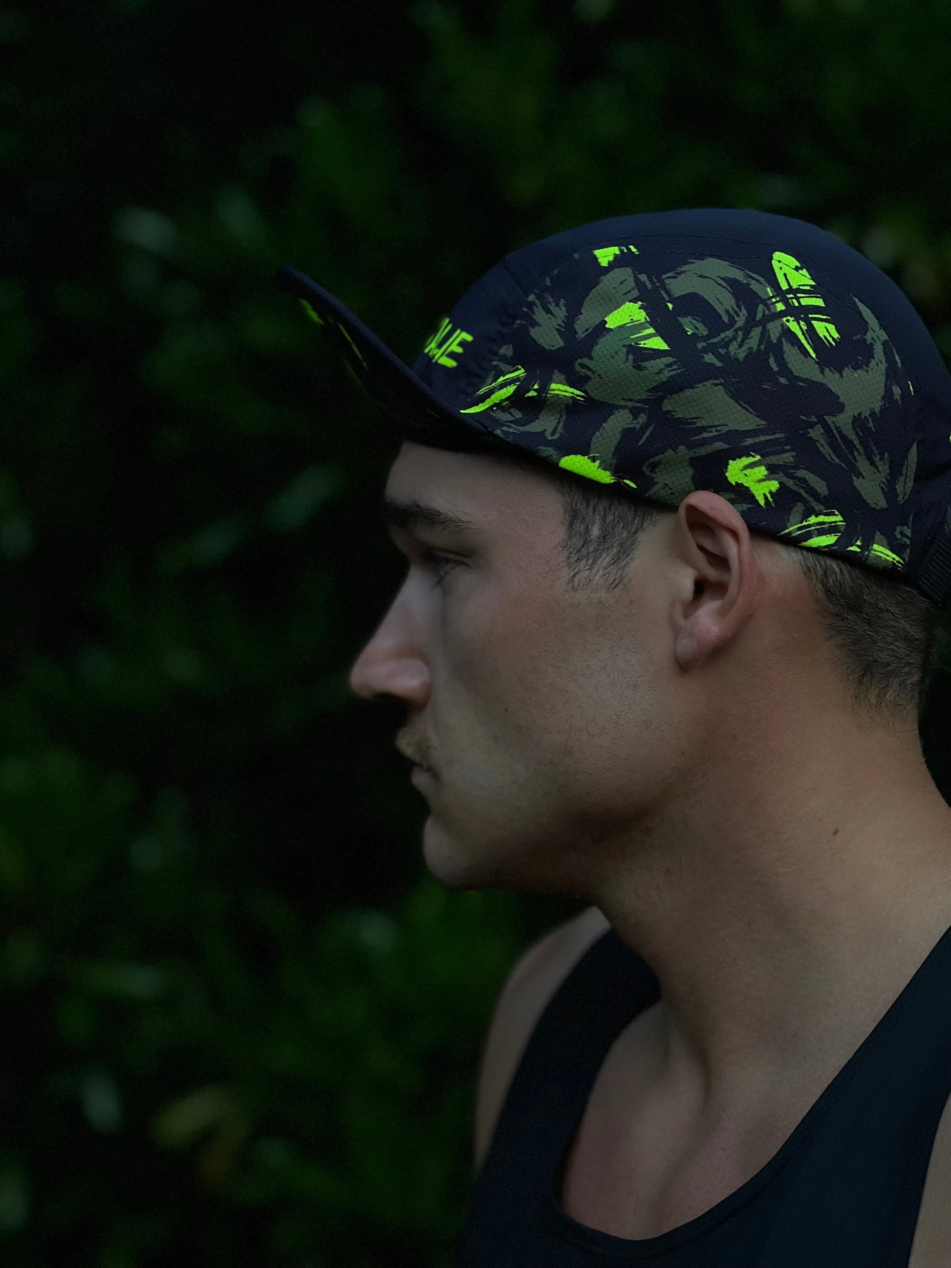 'Comfort Is A Lie' 5 Panel Running Hat - Black/Yellow Brush