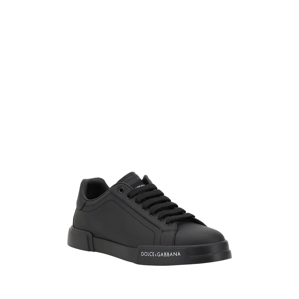 Dolce&Gabbana Men Black Sneakers Leather Solid Lace Up Casual Flat Trainer Shoes