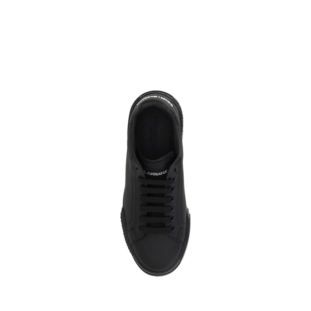 Dolce&Gabbana Men Black Sneakers Leather Solid Lace Up Casual Flat Trainer Shoes