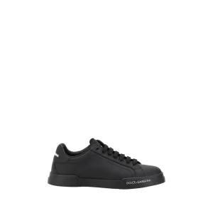 Dolce&Gabbana Men Black Sneakers Leather Solid Lace Up Casual Flat Trainer Shoes