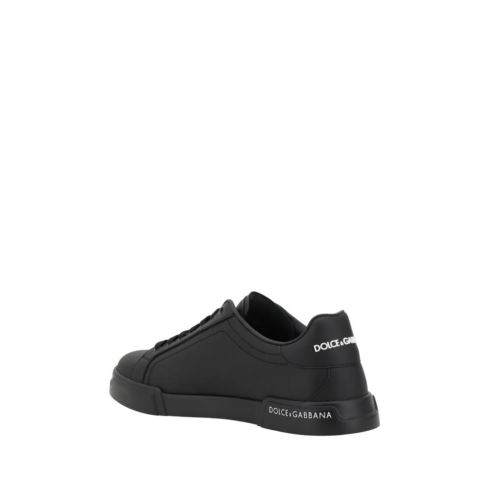 Dolce&Gabbana Men Black Sneakers Leather Solid Lace Up Casual Flat Trainer Shoes