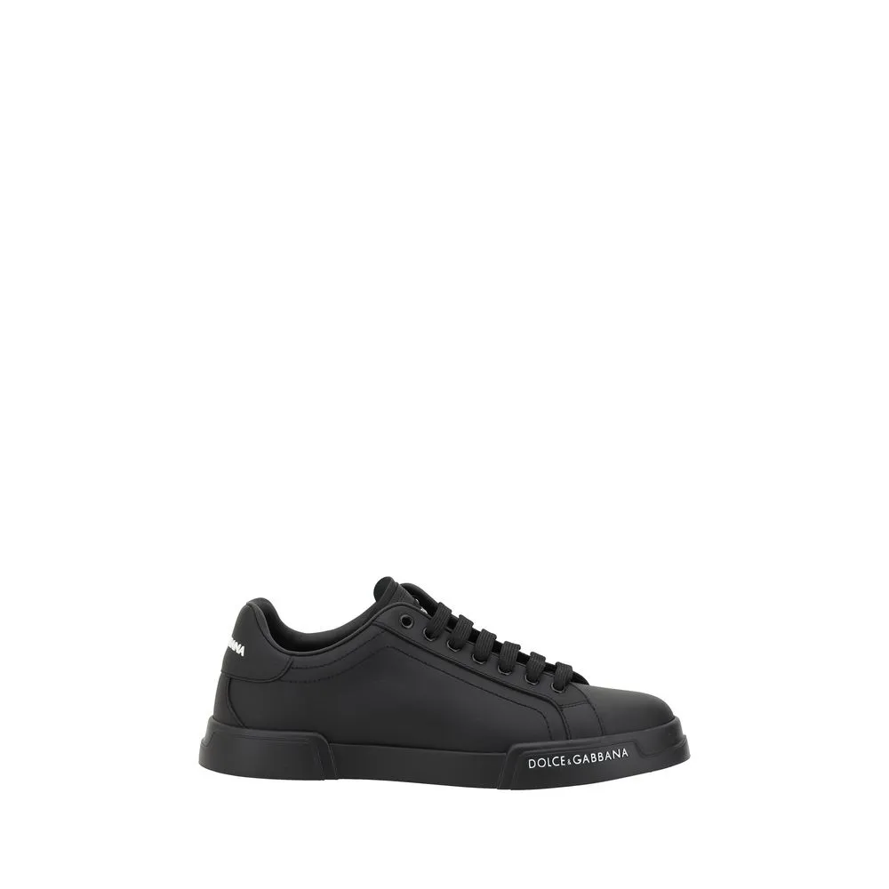 Dolce&Gabbana Men Black Sneakers Leather Solid Lace Up Casual Flat Trainer Shoes