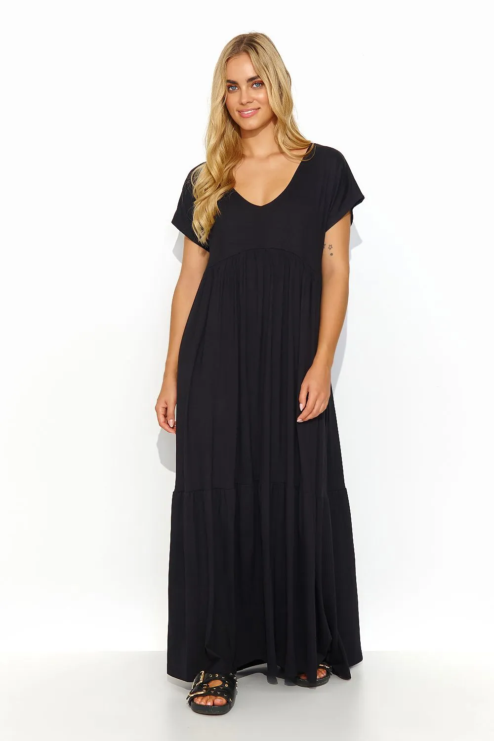 Draped V-Cut Maxi Dress