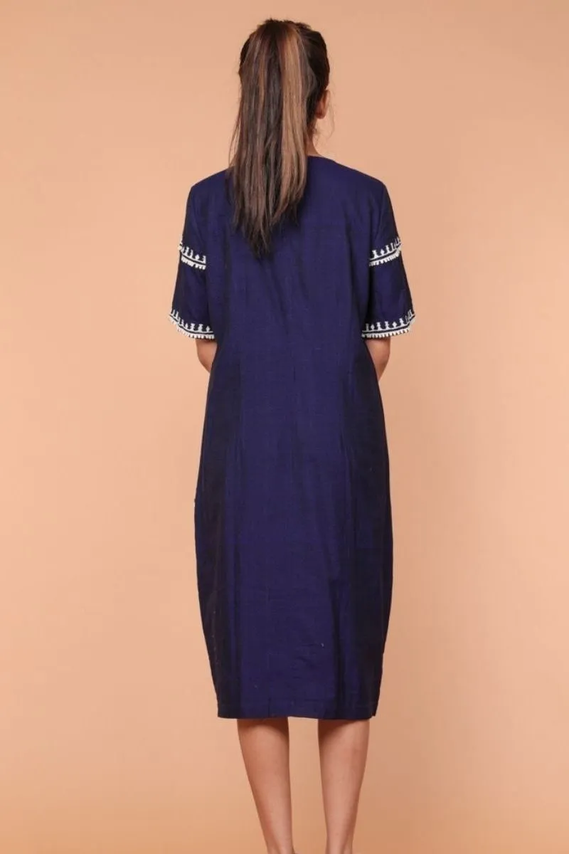 Embroidered Shift Dress in Mid night Blue Handloom Cotton