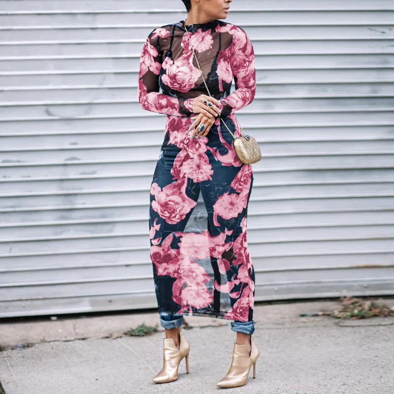 Floral Print Sheer Mesh Long Sleeve Maxi Dress