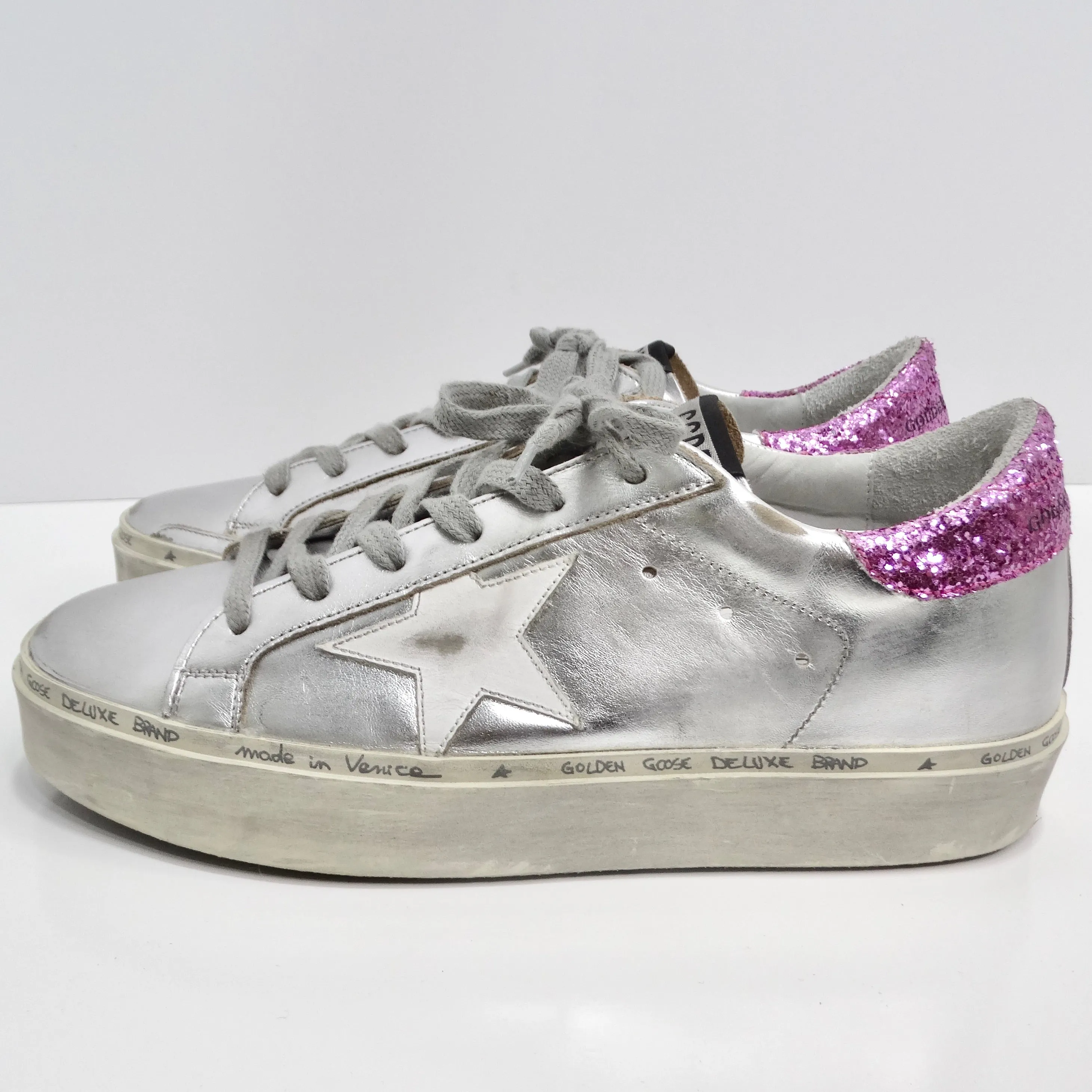 Golden Goose Silver/Pink Leather And Glitter Superstar Low Top Sneakers