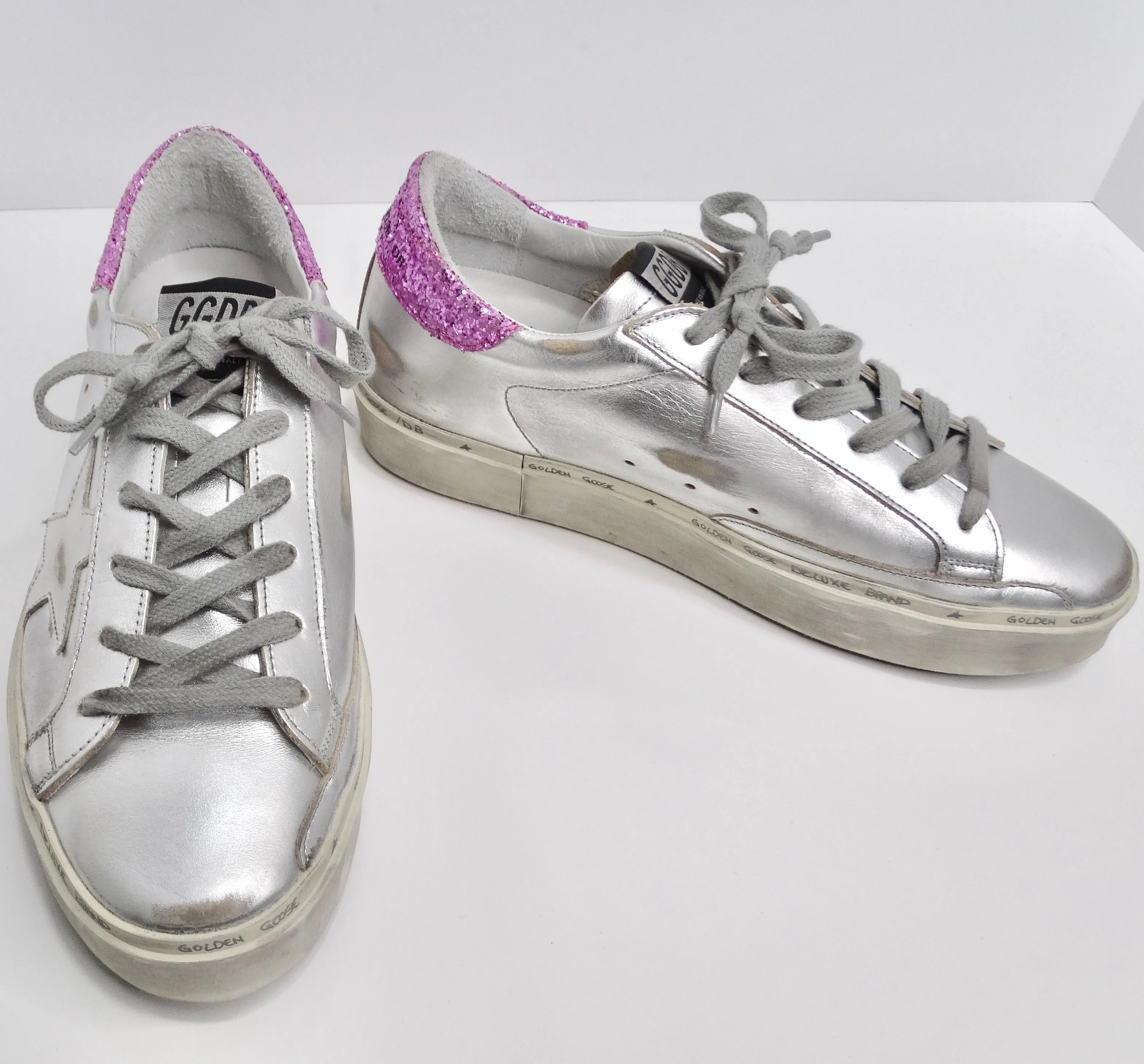 Golden Goose Silver/Pink Leather And Glitter Superstar Low Top Sneakers