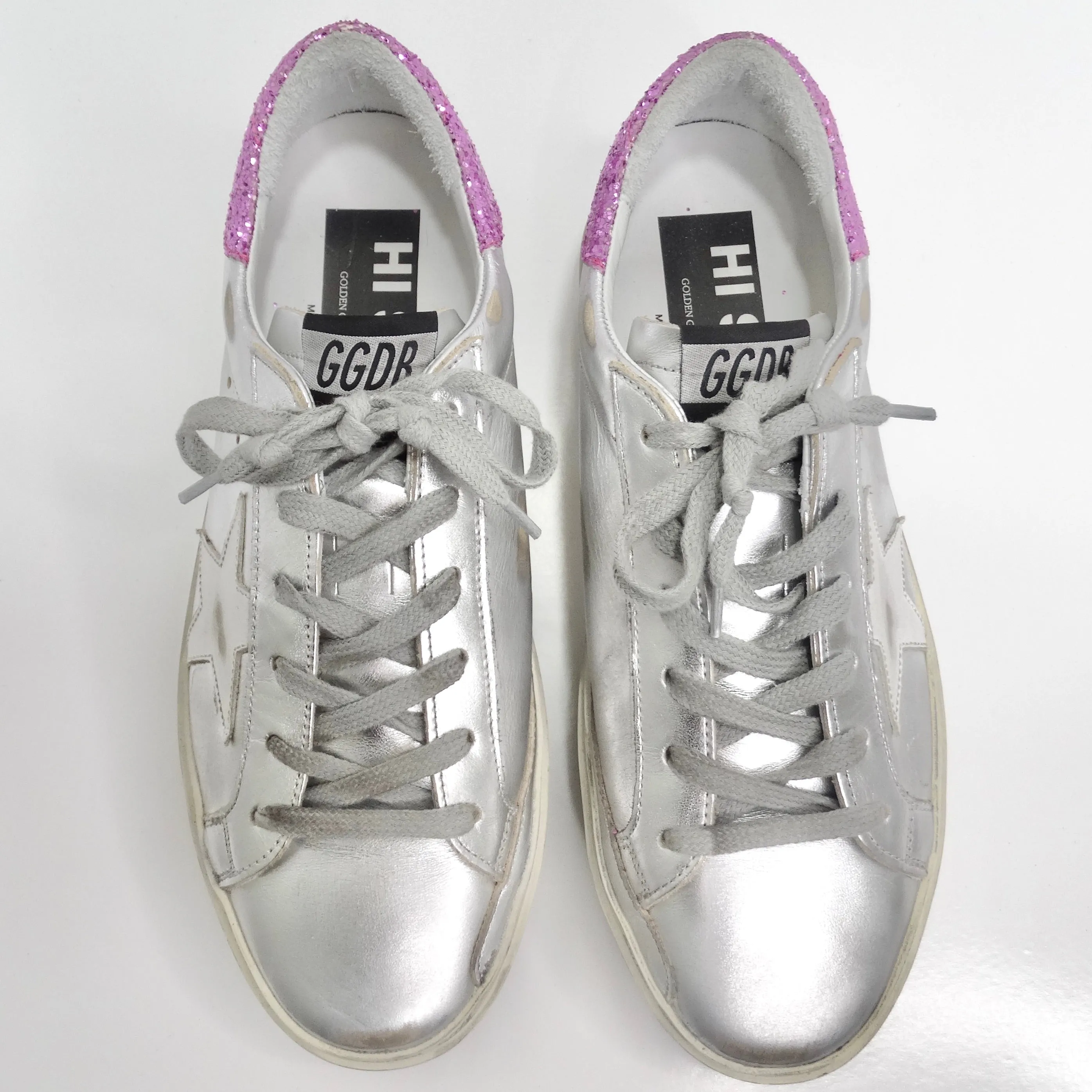 Golden Goose Silver/Pink Leather And Glitter Superstar Low Top Sneakers