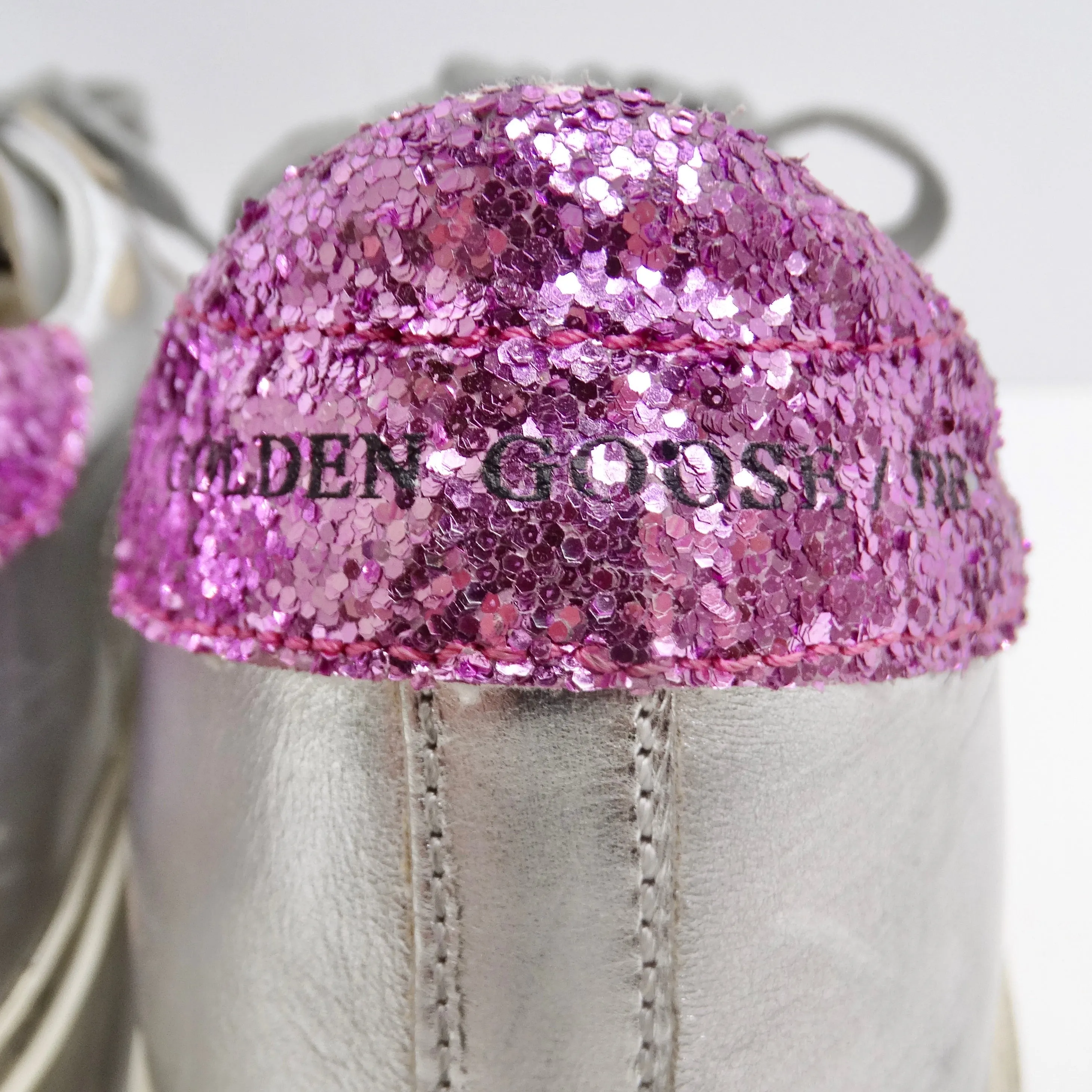 Golden Goose Silver/Pink Leather And Glitter Superstar Low Top Sneakers