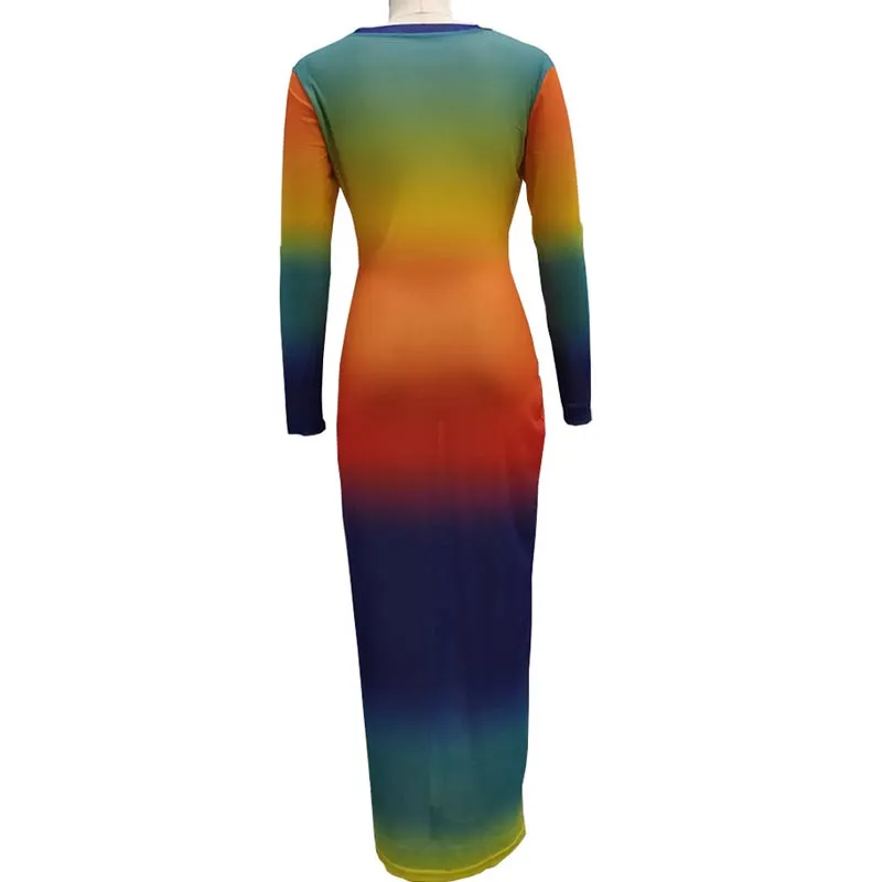 Gradient Color Long Sleeve Sheer Mesh See Through Maxi Dress