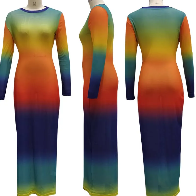Gradient Color Long Sleeve Sheer Mesh See Through Maxi Dress