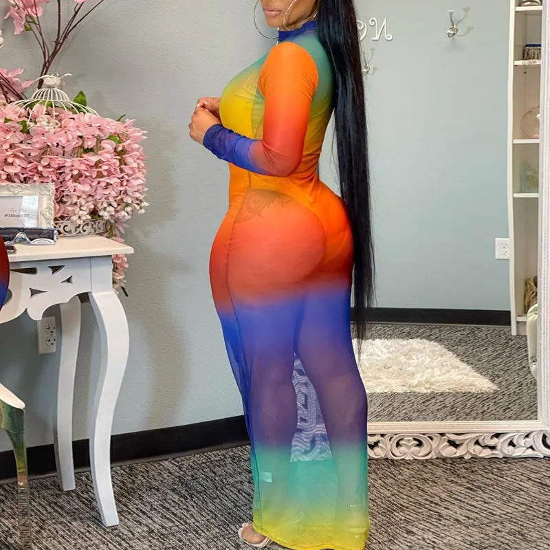 Gradient Color Long Sleeve Sheer Mesh See Through Maxi Dress