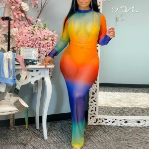 Gradient Color Long Sleeve Sheer Mesh See Through Maxi Dress