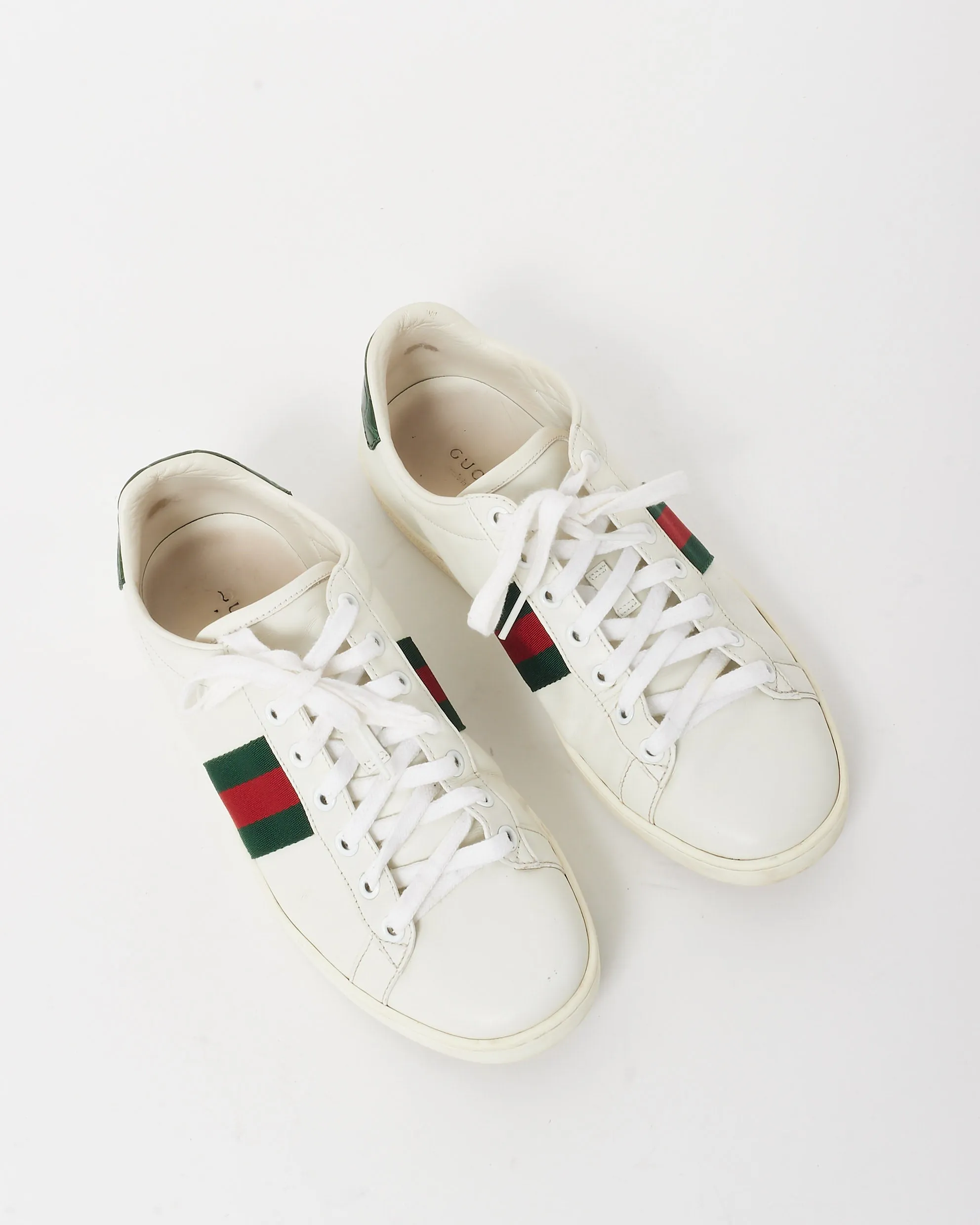 Gucci White Leather W/ Green & Red Stripe Ace Sneakers - 39