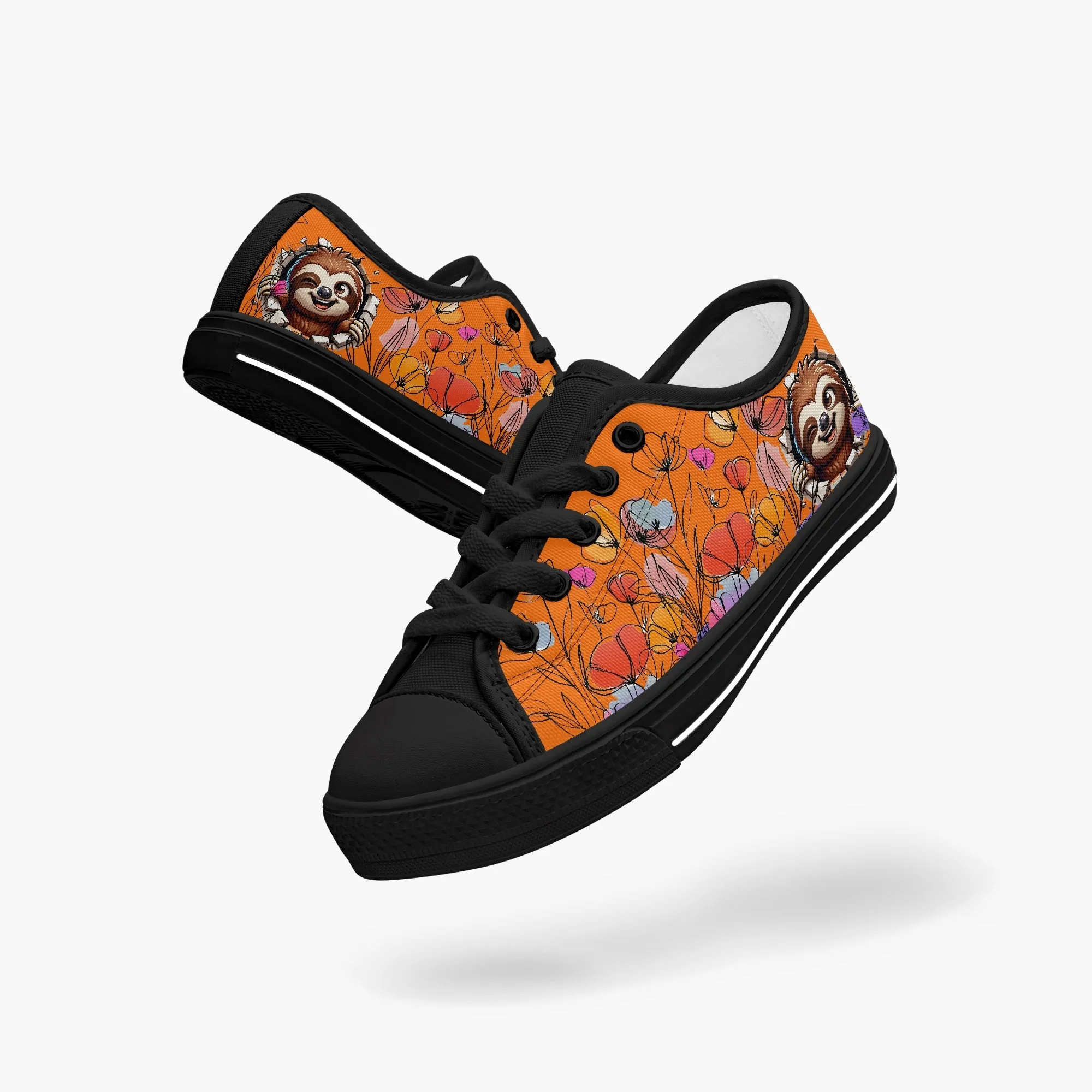 Kid’s Low-Top Canvas Shoes-Black Girls' Low-Top cartoon Sloth Canvas Shoes