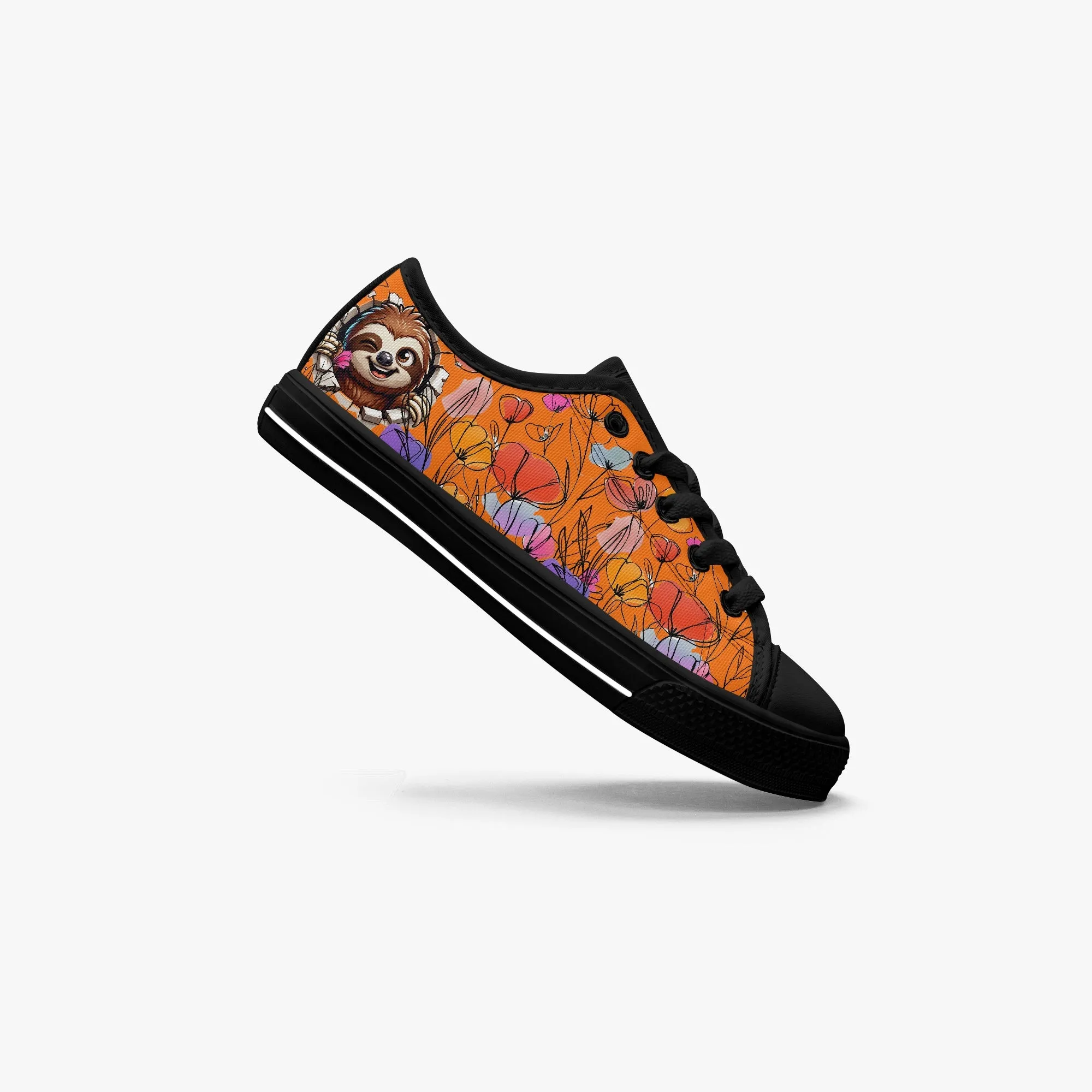 Kid’s Low-Top Canvas Shoes-Black Girls' Low-Top cartoon Sloth Canvas Shoes
