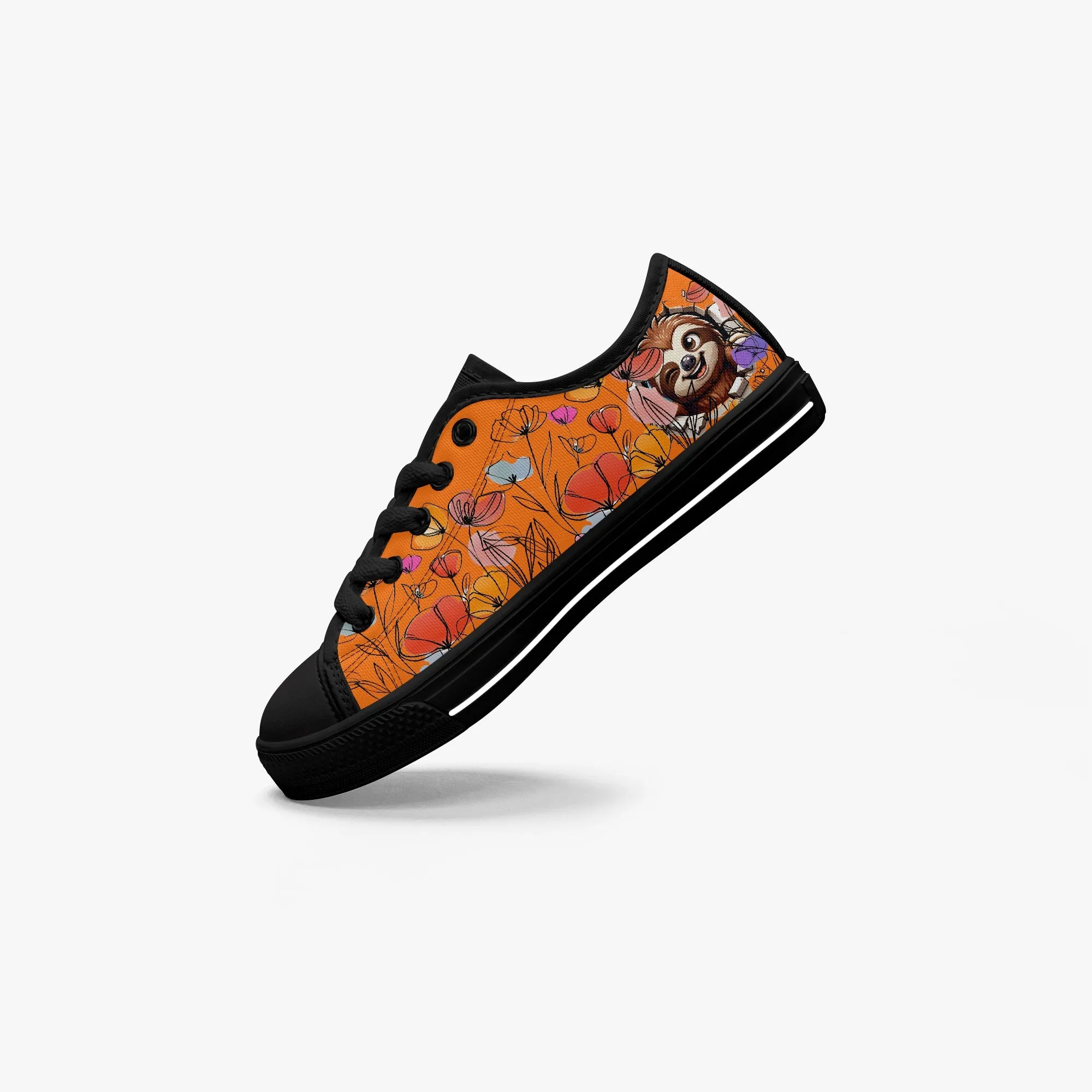 Kid’s Low-Top Canvas Shoes-Black Girls' Low-Top cartoon Sloth Canvas Shoes