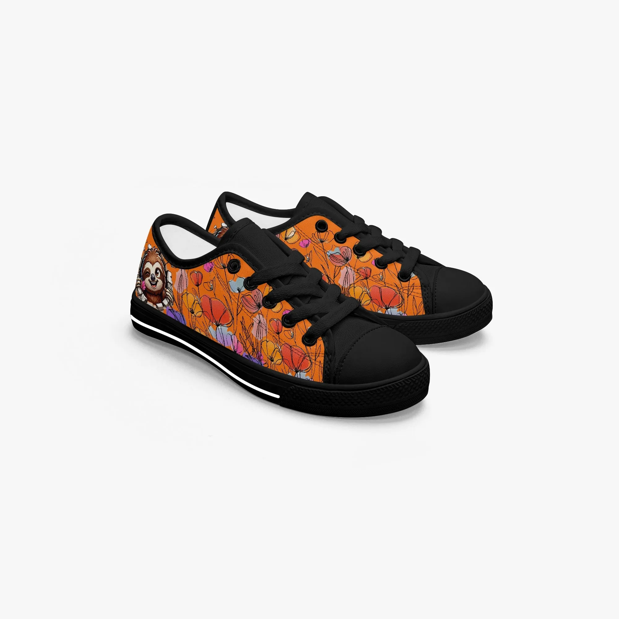 Kid’s Low-Top Canvas Shoes-Black Girls' Low-Top cartoon Sloth Canvas Shoes