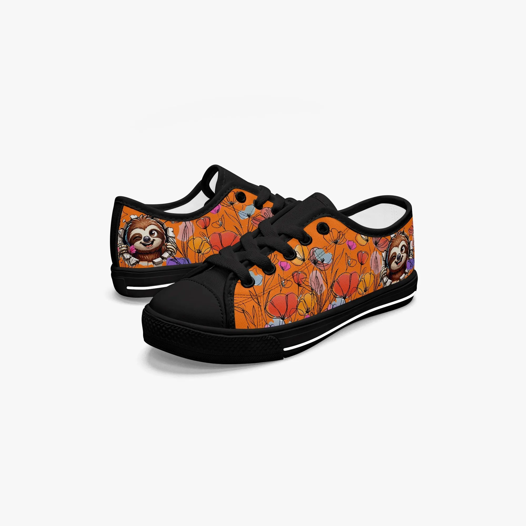 Kid’s Low-Top Canvas Shoes-Black Girls' Low-Top cartoon Sloth Canvas Shoes