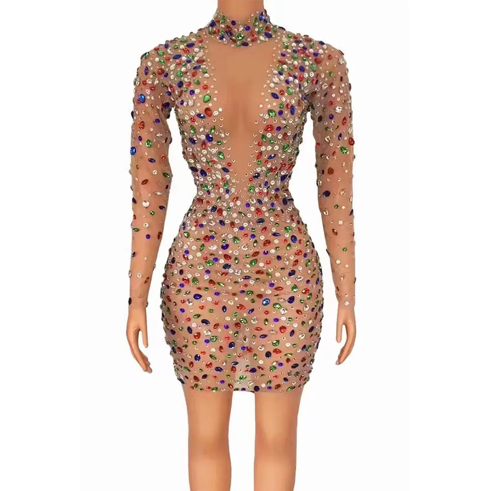 Kimshein Transparent Mesh Fabric Rhinestone Dress