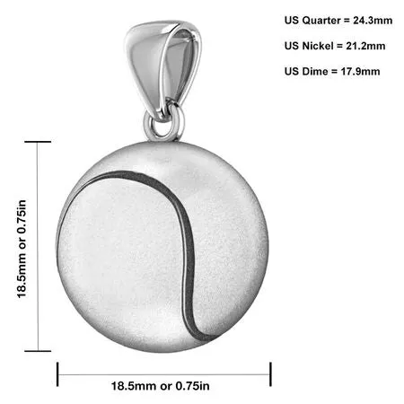 Large 925 Sterling Silver 3D Tennis Ball Pendant Necklace, 18.5mm