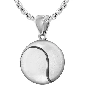 Large 925 Sterling Silver 3D Tennis Ball Pendant Necklace, 18.5mm