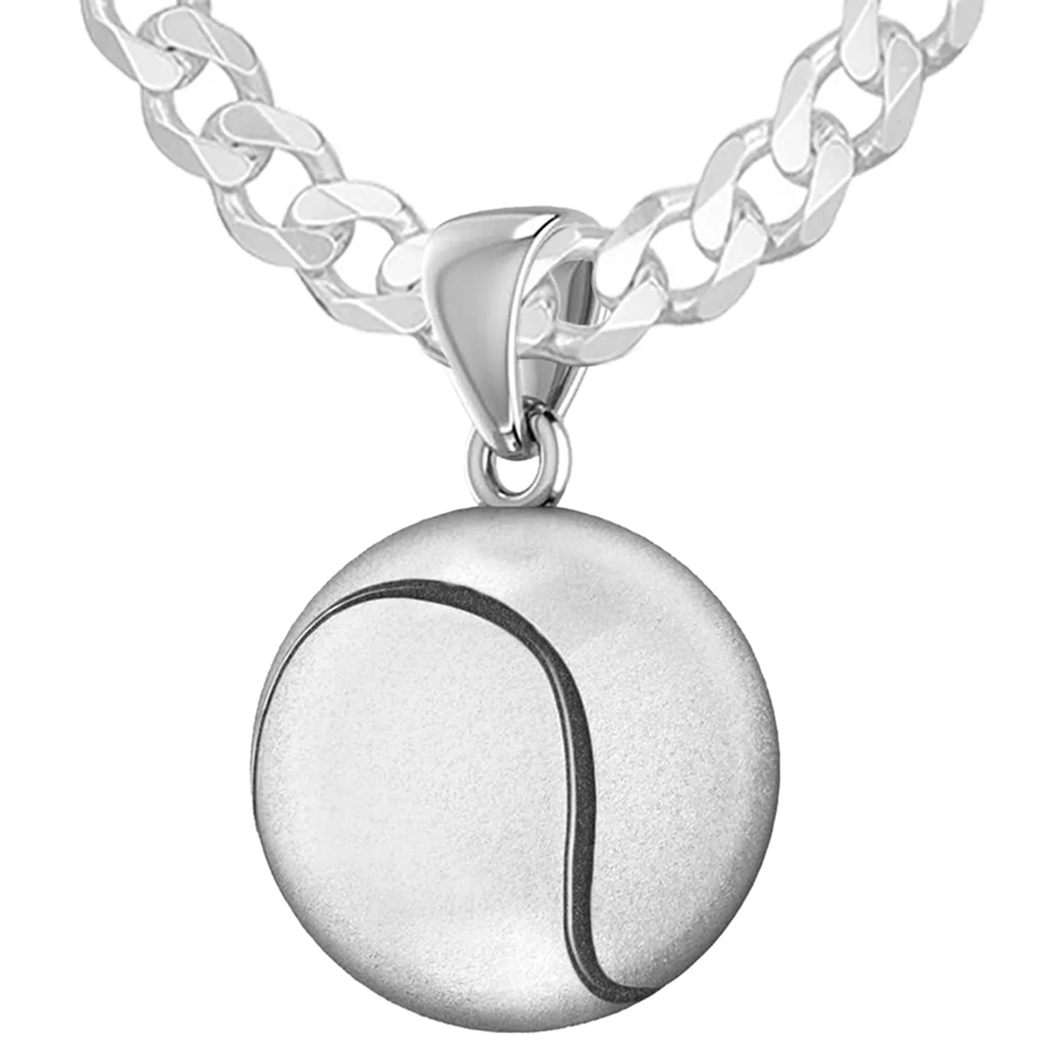 Large 925 Sterling Silver 3D Tennis Ball Pendant Necklace, 18.5mm