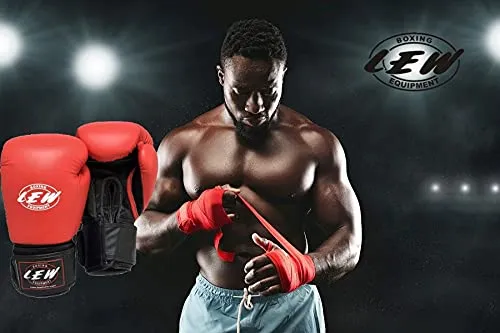 LEW Red/Black Boxing Gloves for Training/ Muay Thai/Punching Bag/Sparring with a Pair of Hand Wraps (Red, 10 OZ)