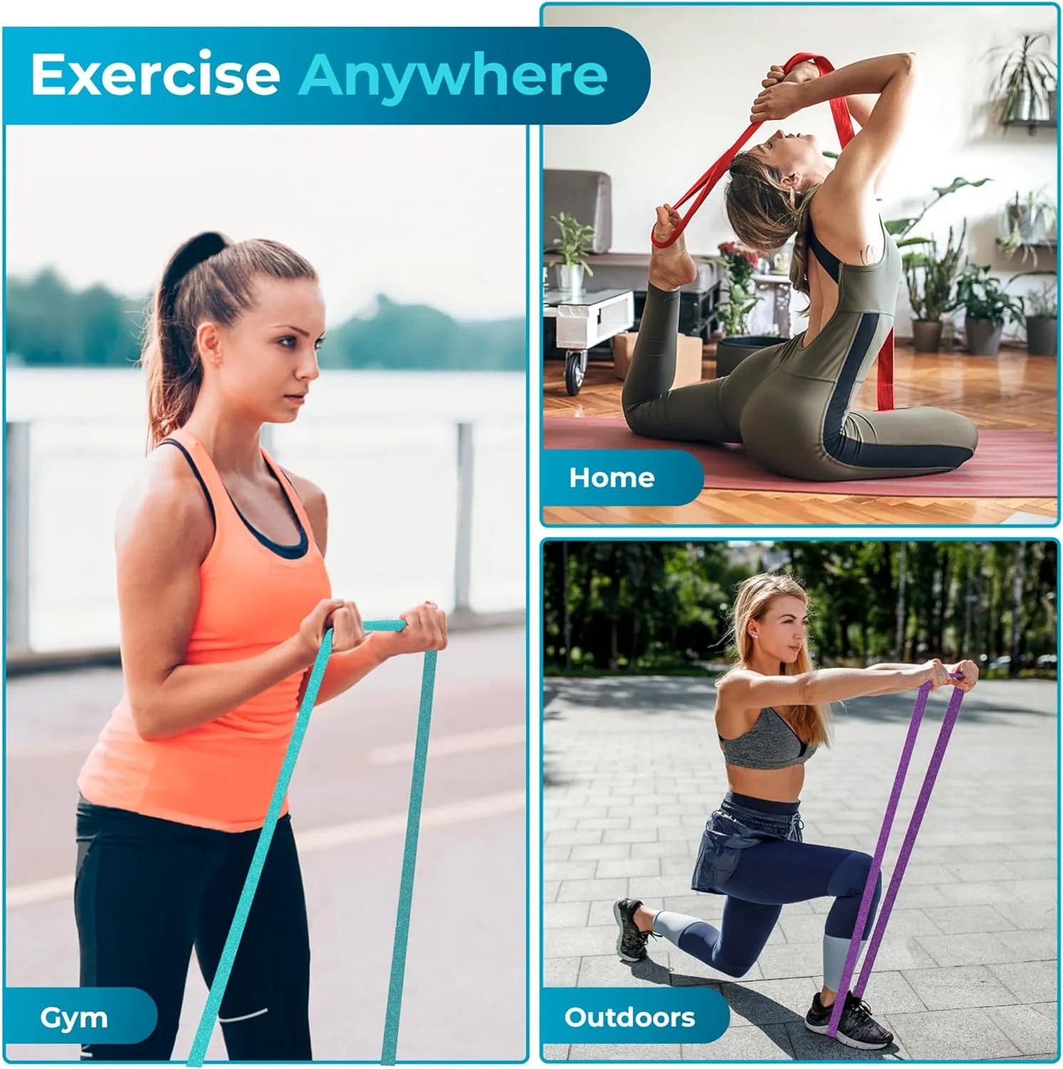 Long Fabric Resistance Bands (Set of 3) - Red, Purple, Cyan