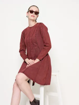 Madame Cotton Acid Wash A-line Red Denim Dress