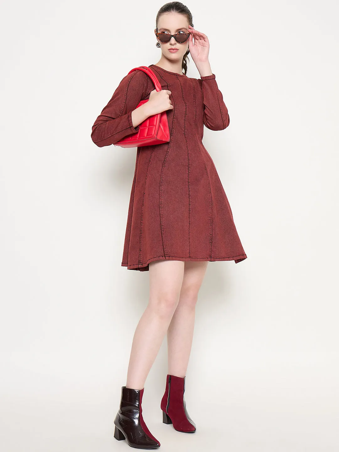 Madame Cotton Acid Wash A-line Red Denim Dress