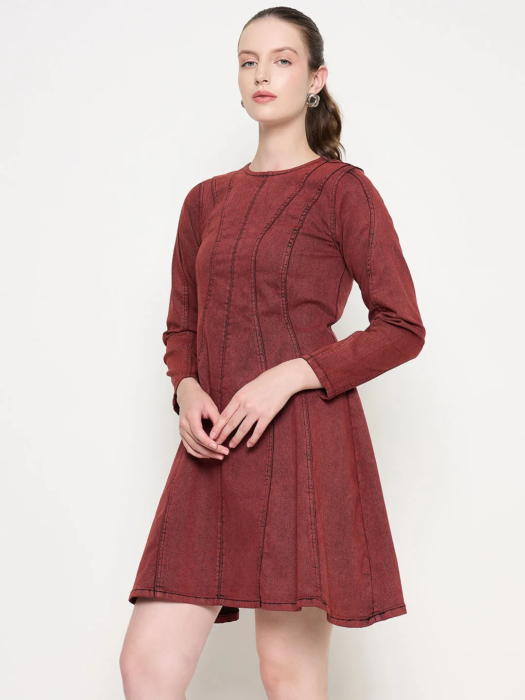 Madame Cotton Acid Wash A-line Red Denim Dress