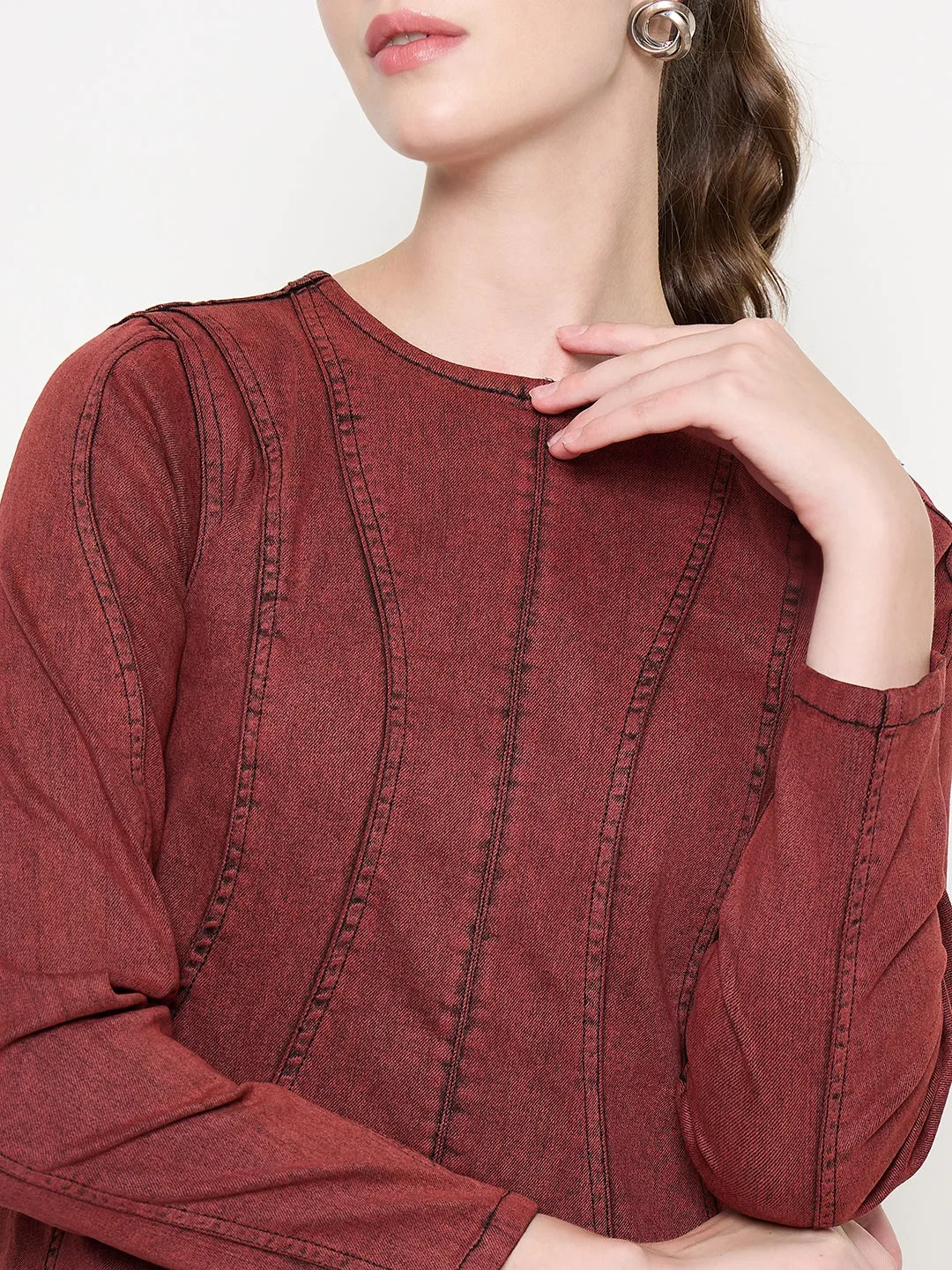 Madame Cotton Acid Wash A-line Red Denim Dress