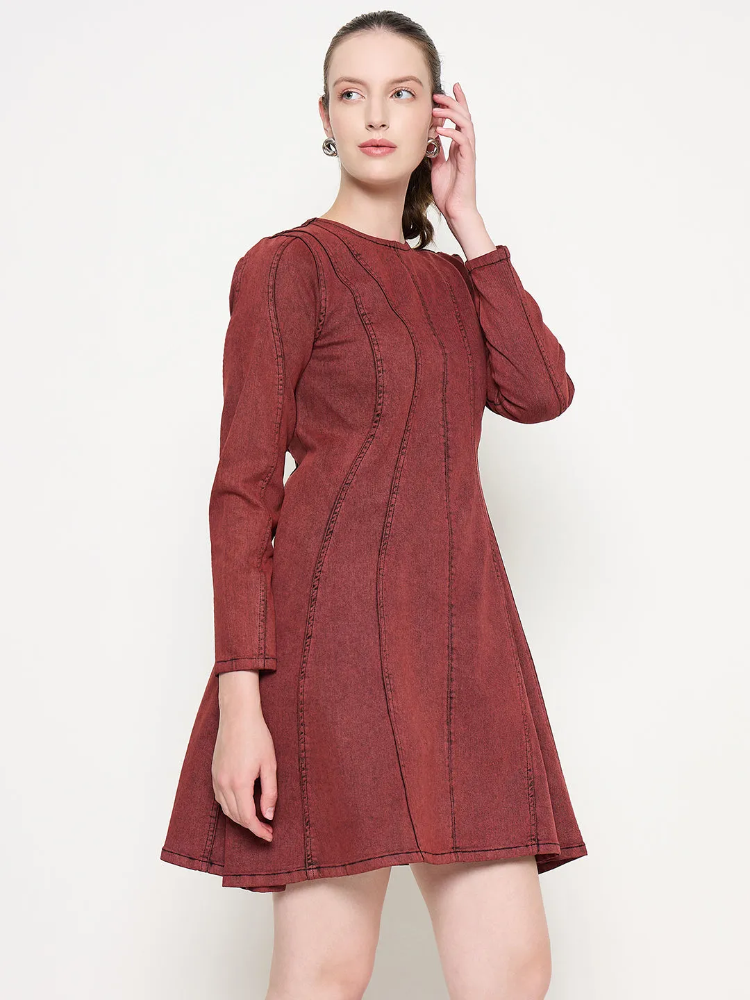 Madame Cotton Acid Wash A-line Red Denim Dress