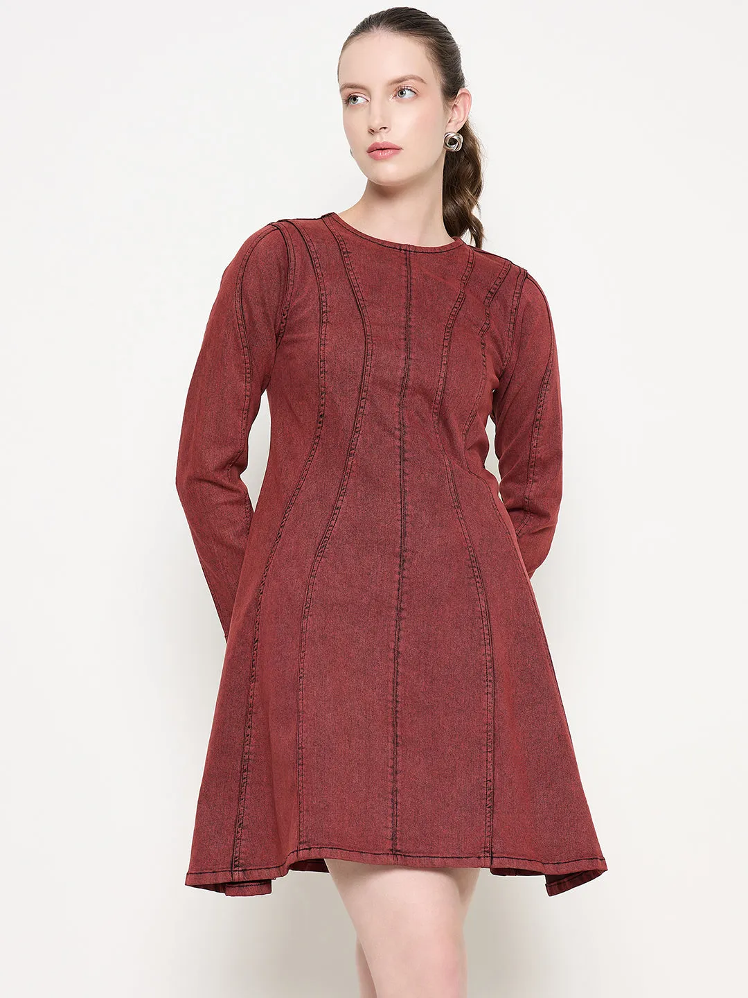 Madame Cotton Acid Wash A-line Red Denim Dress