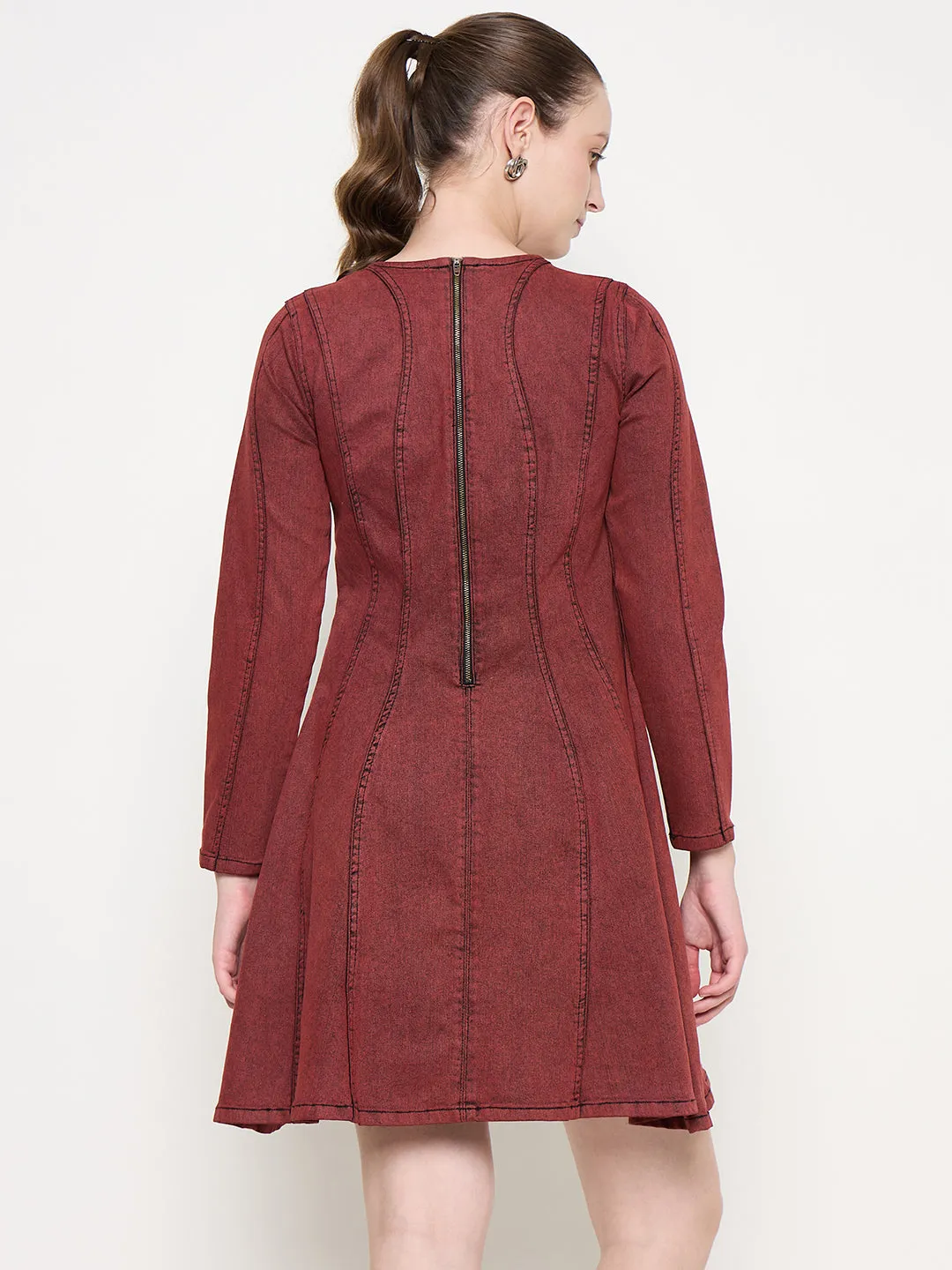Madame Cotton Acid Wash A-line Red Denim Dress