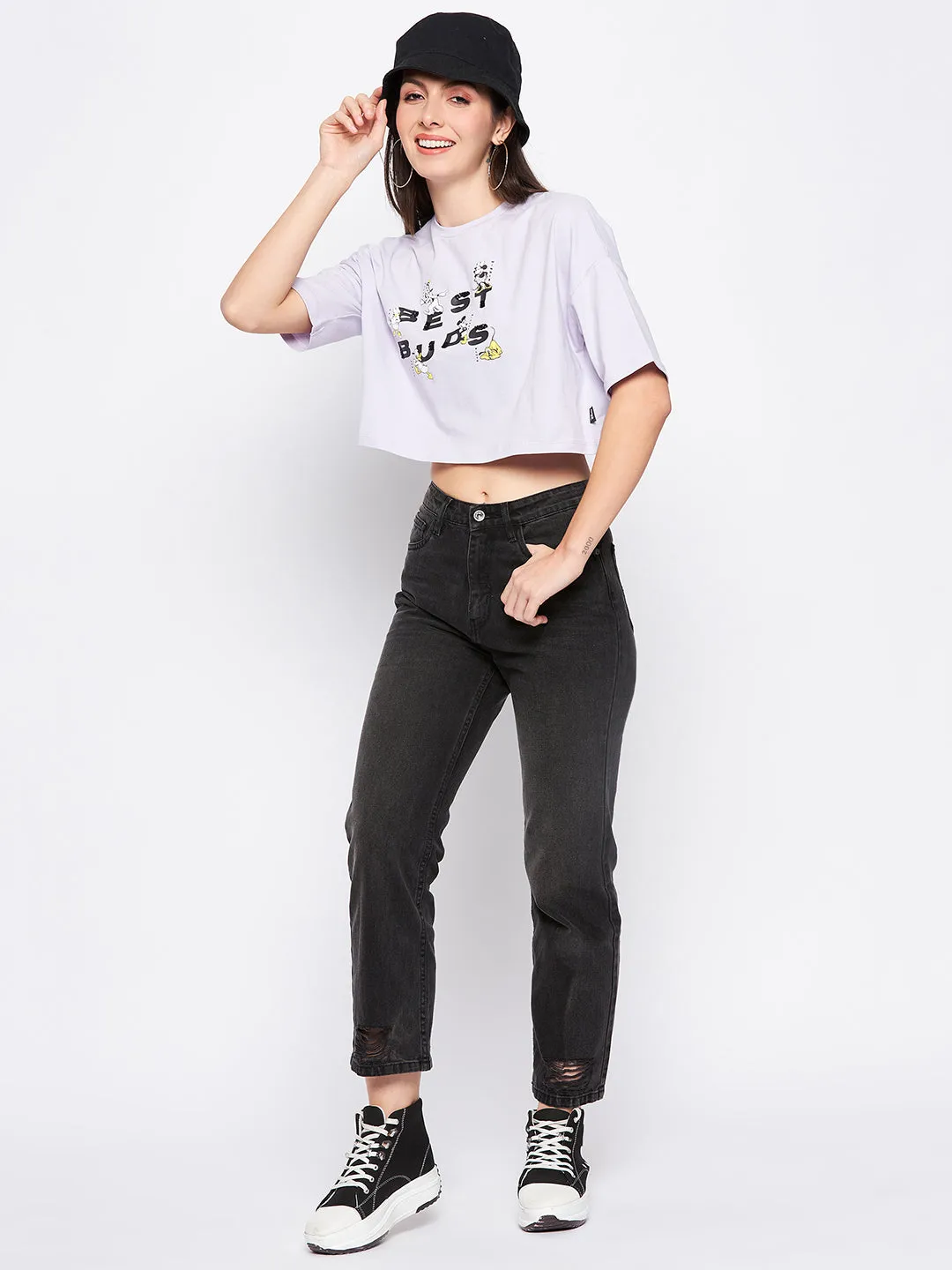 Madame Lilac Cotton Typography Crop Tshirt